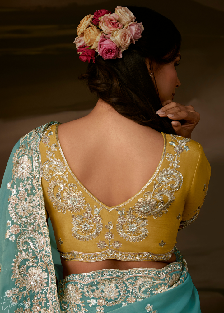 Seafoam Green Cutwork Scallop Border Organza Saree