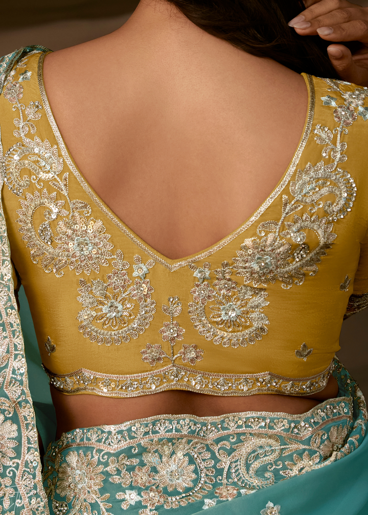 Seafoam Green Cutwork Scallop Border Organza Saree