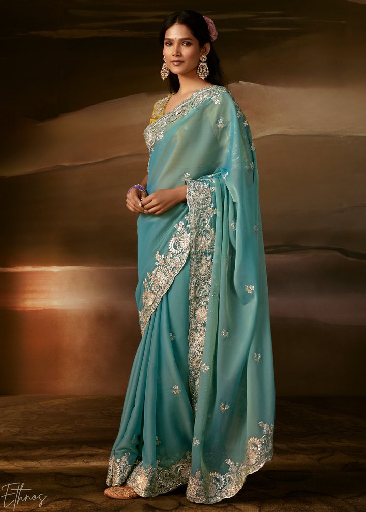 Seafoam Green Cutwork Scallop Border Organza Saree