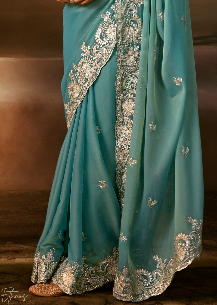 Seafoam Green Cutwork Scallop Border Organza Saree