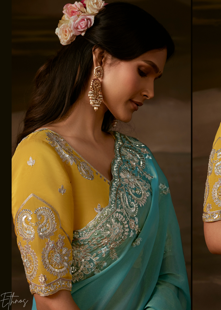Seafoam Green Cutwork Scallop Border Organza Saree