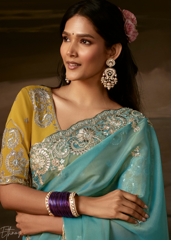 Seafoam Green Cutwork Scallop Border Organza Saree