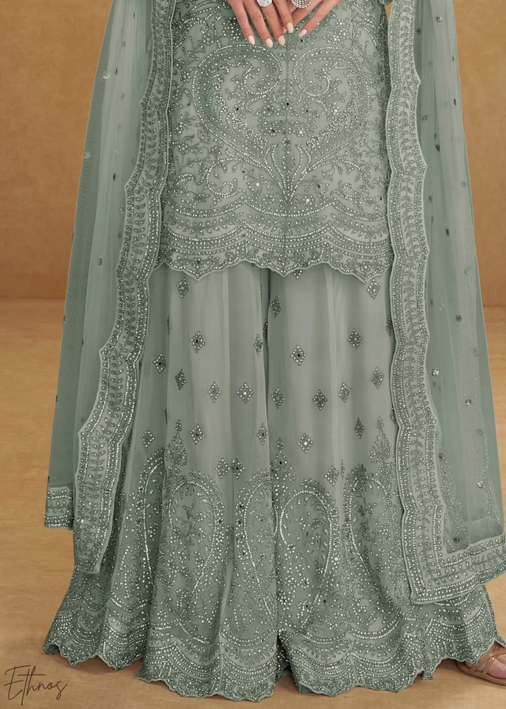 Seafoam Green Floral Embroidered Net Sharara Suit Set