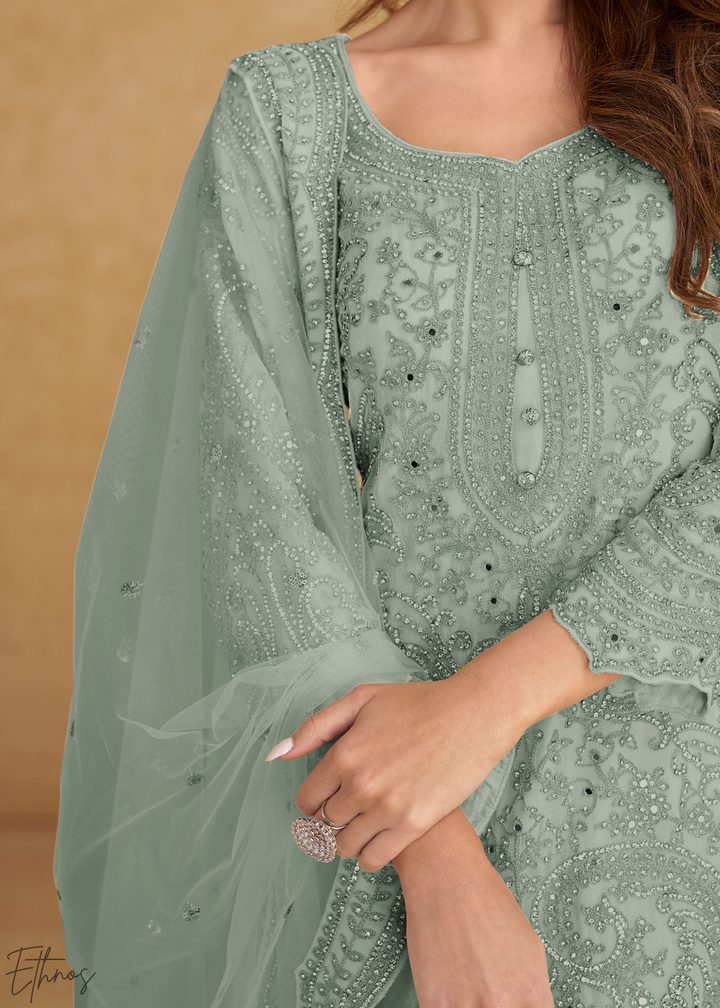 Seafoam Green Floral Embroidered Net Sharara Suit Set