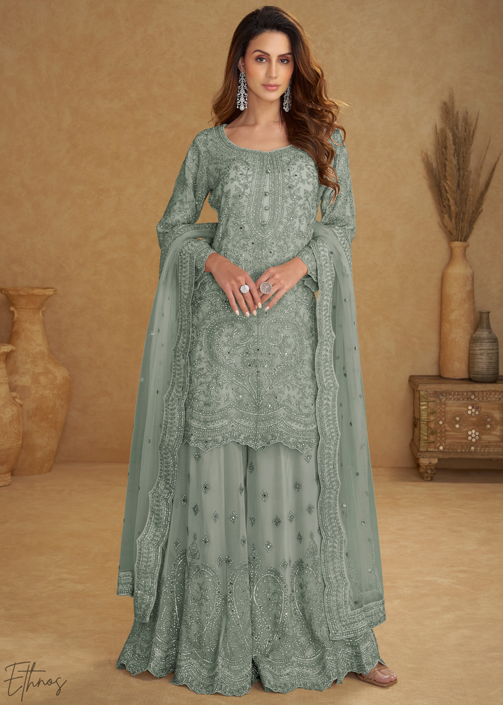 Seafoam Green Floral Embroidered Net Sharara Suit Set