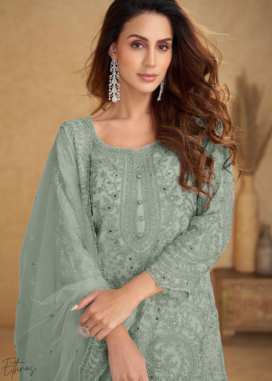 Seafoam Green Floral Embroidered Net Sharara Suit Set