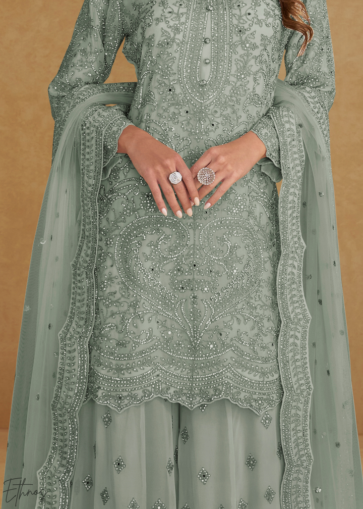 Seafoam Green Floral Embroidered Net Sharara Suit Set