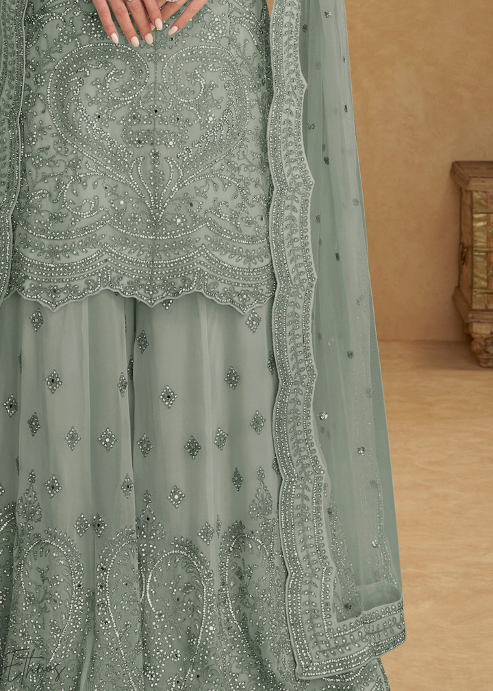 Seafoam Green Floral Embroidered Net Sharara Suit Set