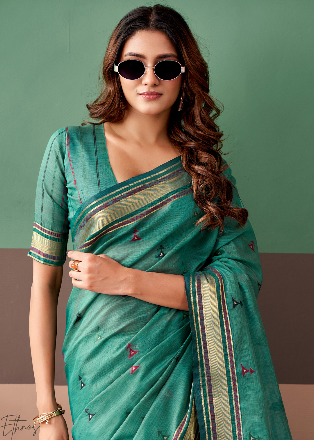 Seafoam Green Zari Striped Pallu Cotton Saree