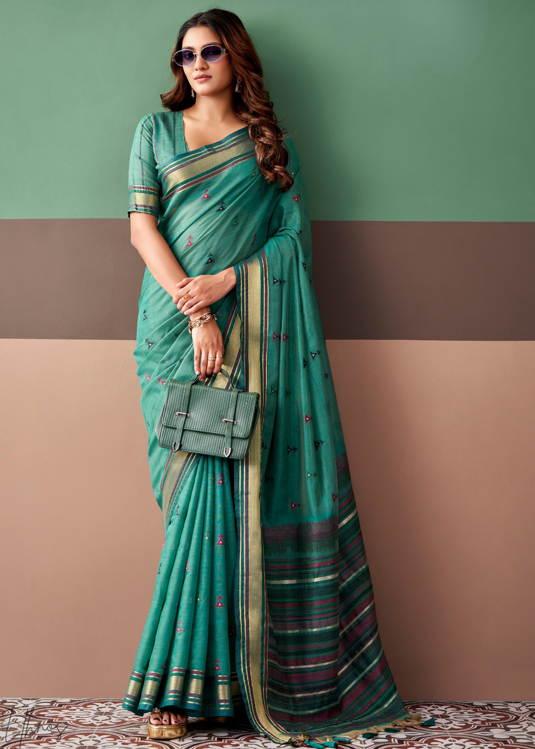 Seafoam Green Zari Striped Pallu Cotton Saree