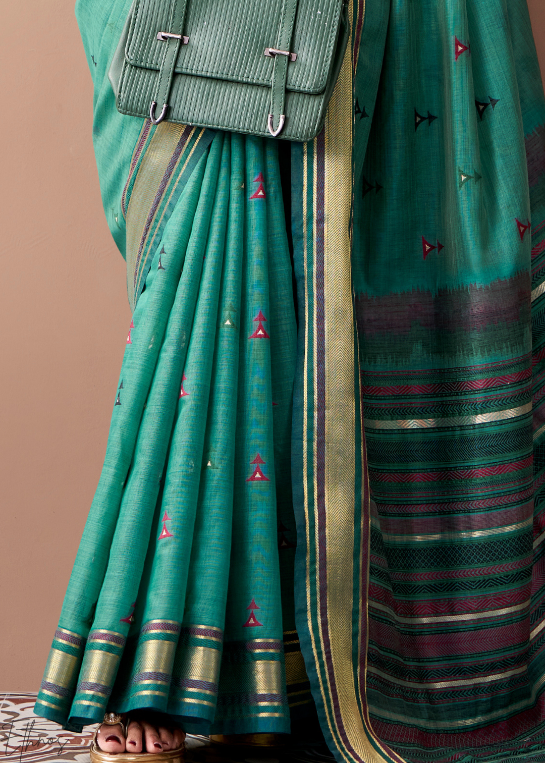 Seafoam Green Zari Striped Pallu Cotton Saree