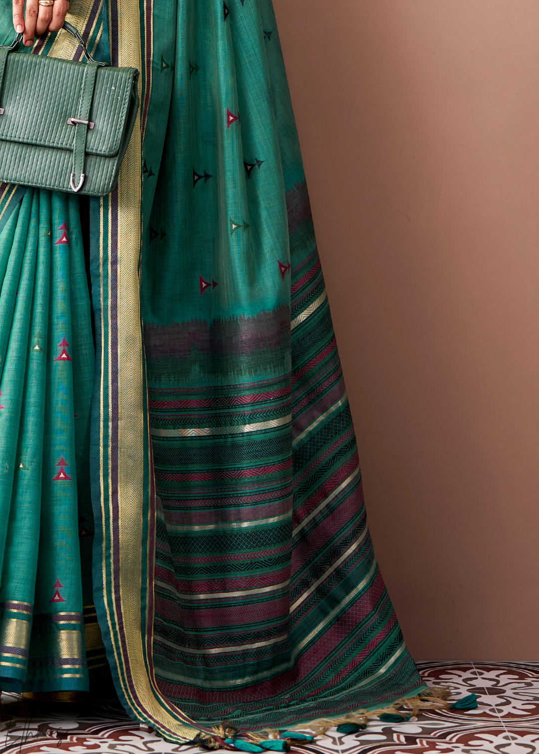 Seafoam Green Zari Striped Pallu Cotton Saree