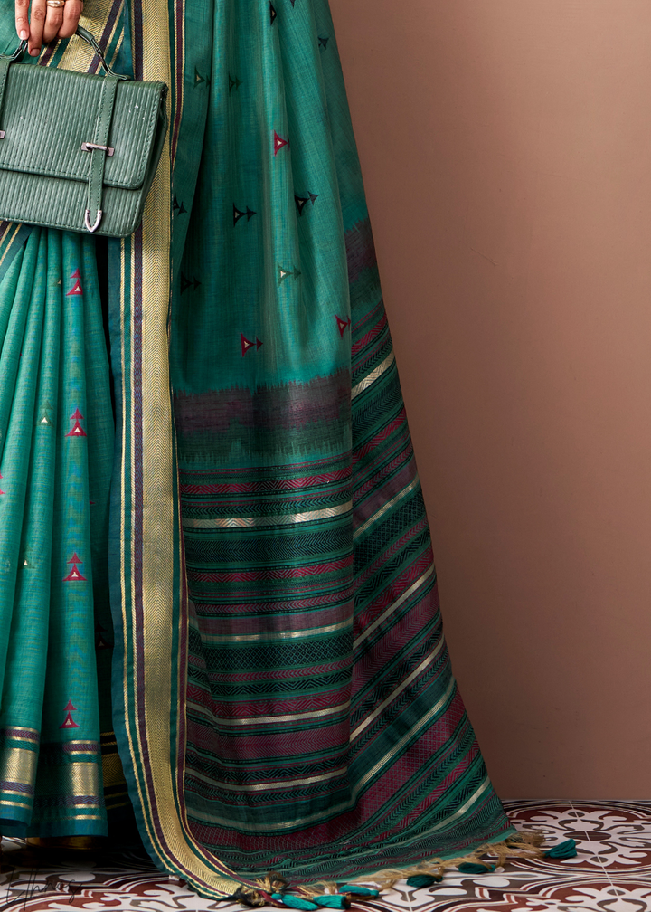 Seafoam Green Zari Striped Pallu Cotton Saree