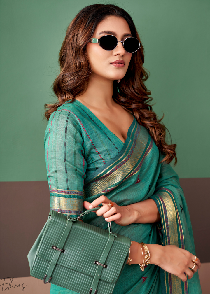 Seafoam Green Zari Striped Pallu Cotton Saree