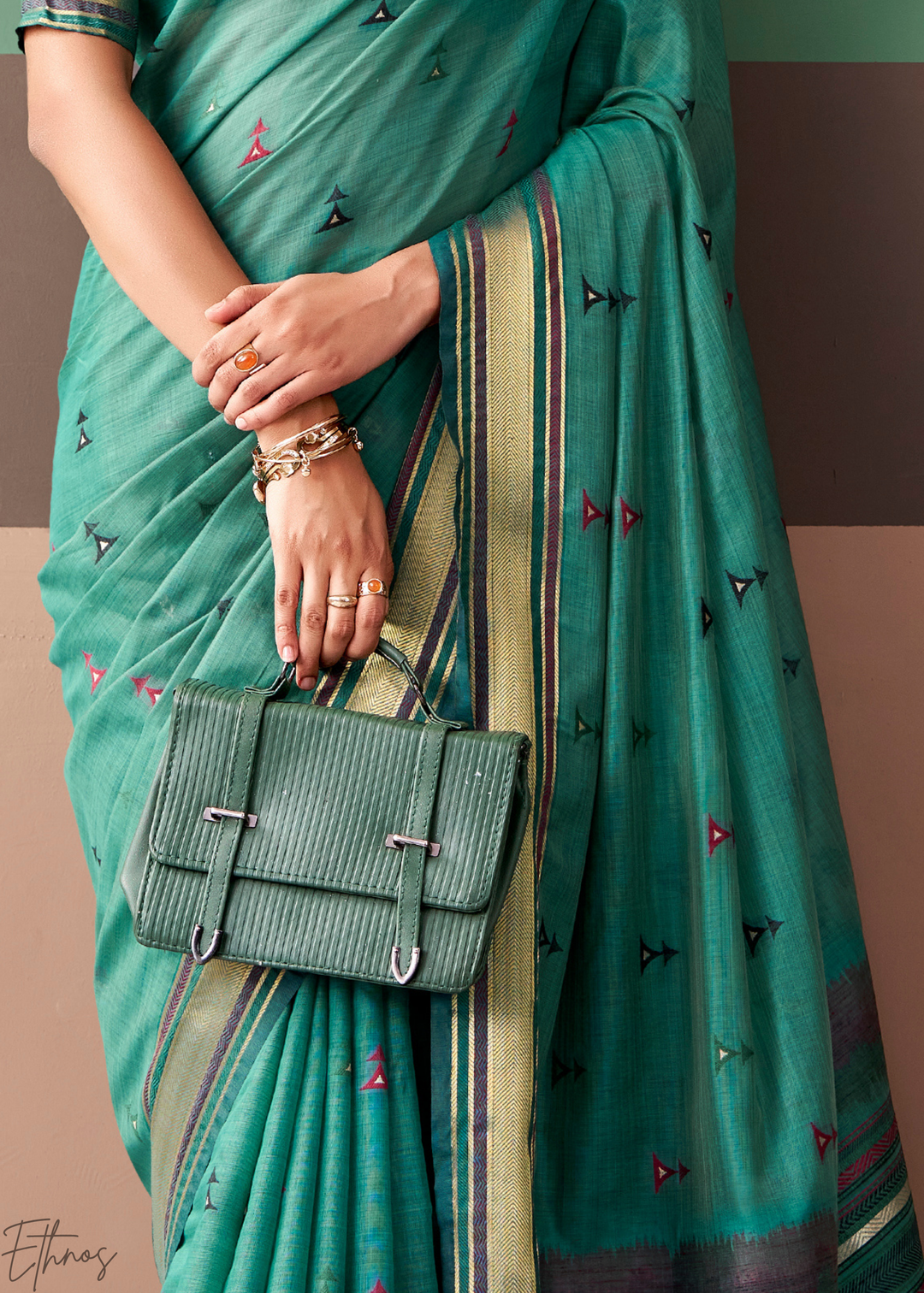 Seafoam Green Zari Striped Pallu Cotton Saree