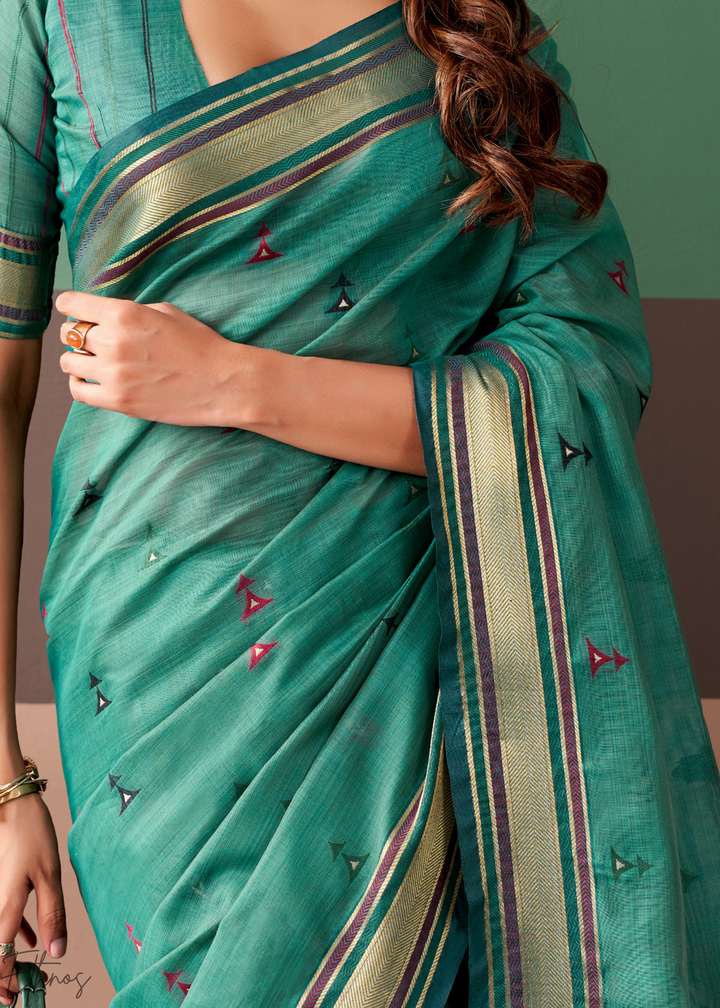 Seafoam Green Zari Striped Pallu Cotton Saree