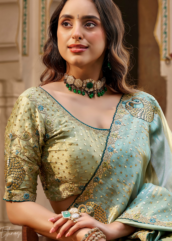 Seafoam Green Soft Checkered Satin Silk Saree