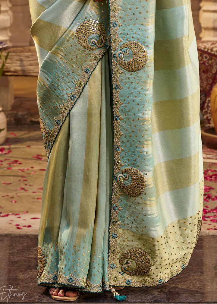 Seafoam Green Soft Checkered Satin Silk Saree