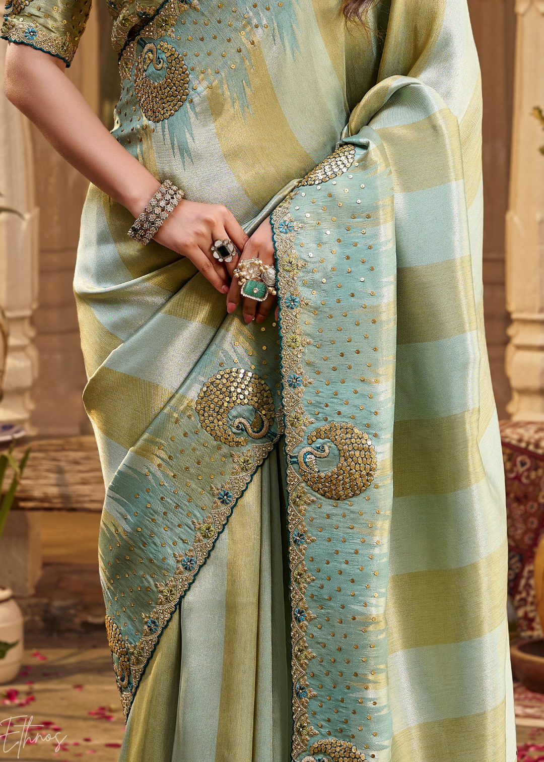 Seafoam Green Soft Checkered Satin Silk Saree