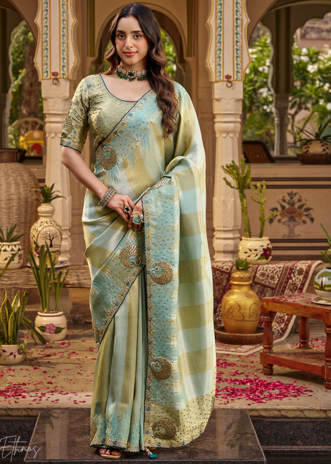 Seafoam Green Soft Checkered Satin Silk Saree