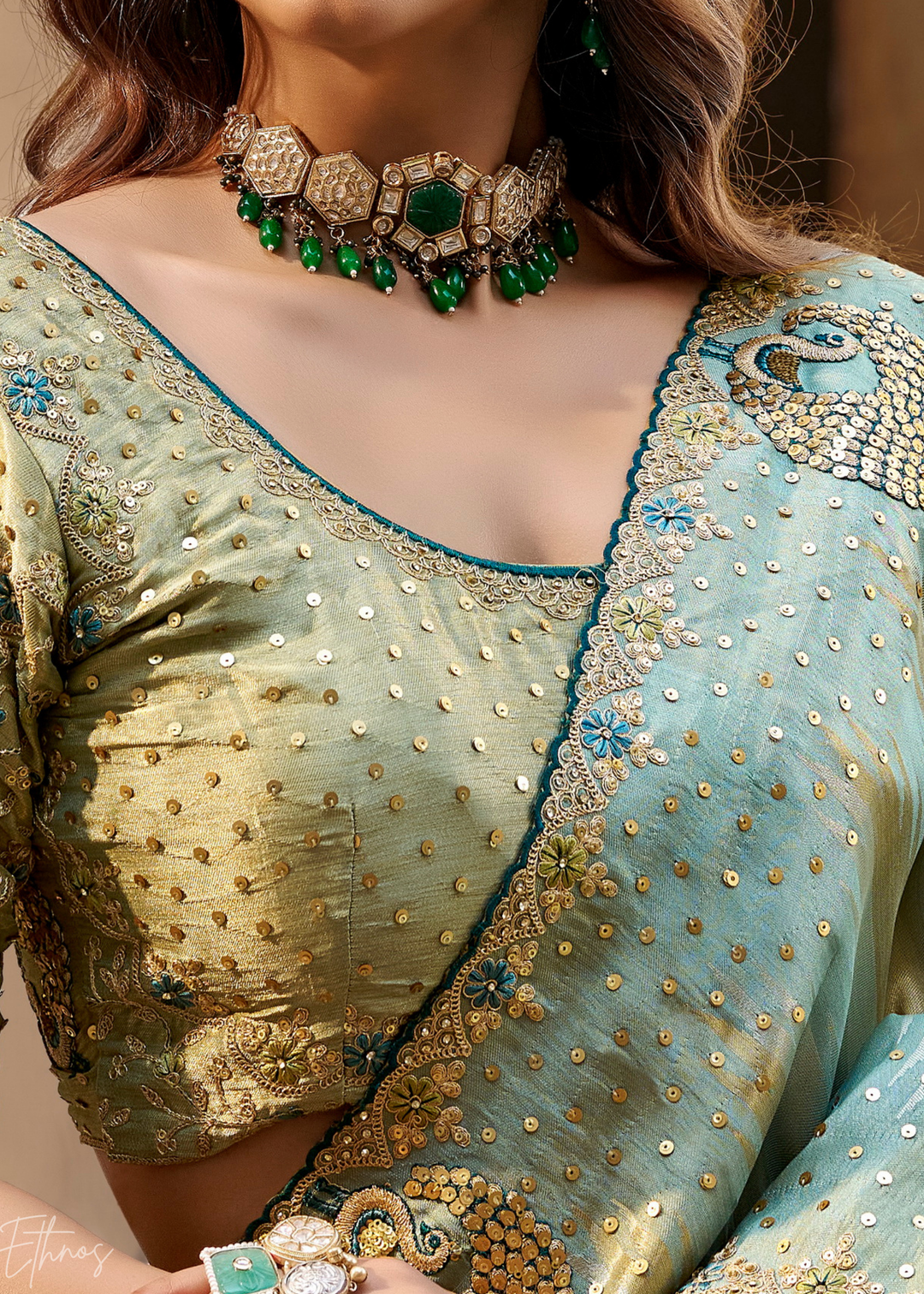 Seafoam Green Soft Checkered Satin Silk Saree