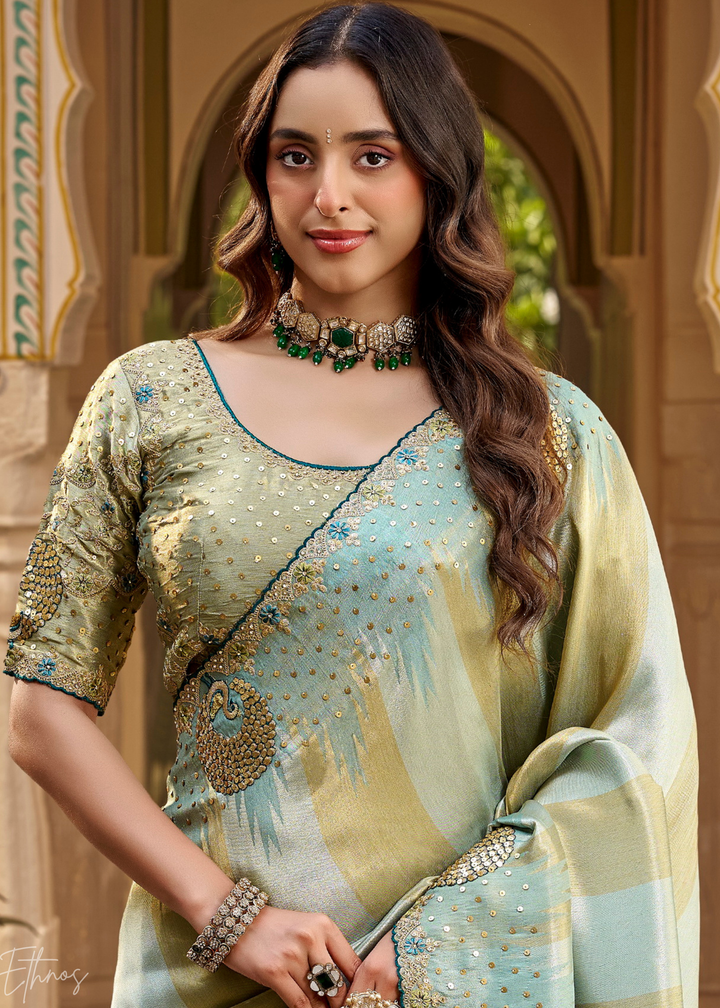 Seafoam Green Soft Checkered Satin Silk Saree