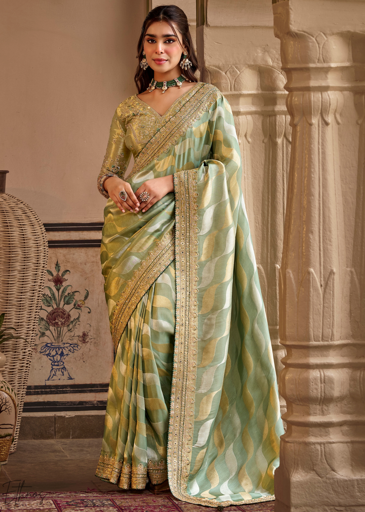 Seafoam Green Waves Woven Silk Saree