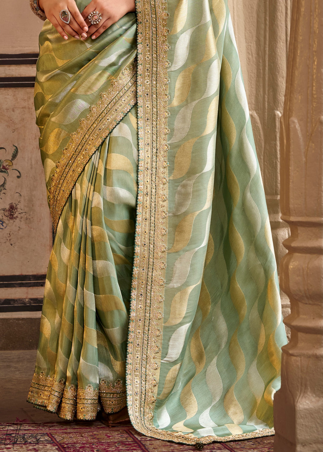 Seafoam Green Waves Woven Silk Saree