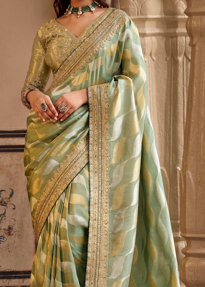 Seafoam Green Waves Woven Silk Saree