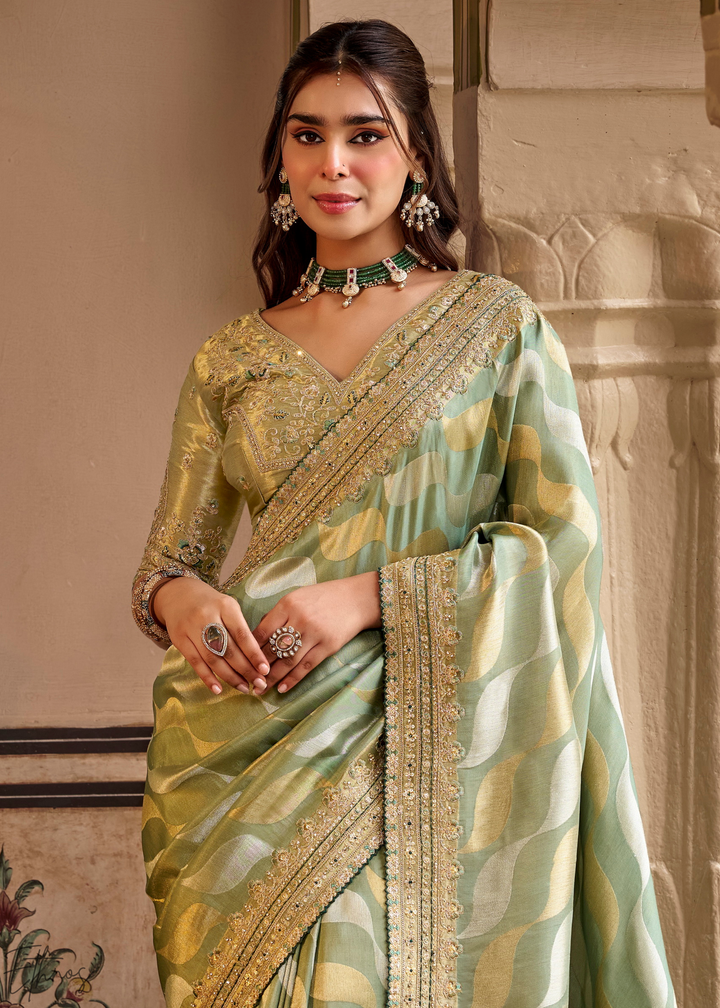 Seafoam Green Waves Woven Silk Saree