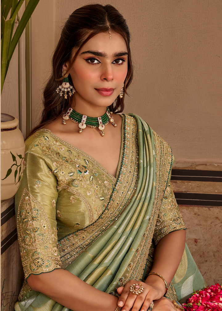Seafoam Green Waves Woven Silk Saree