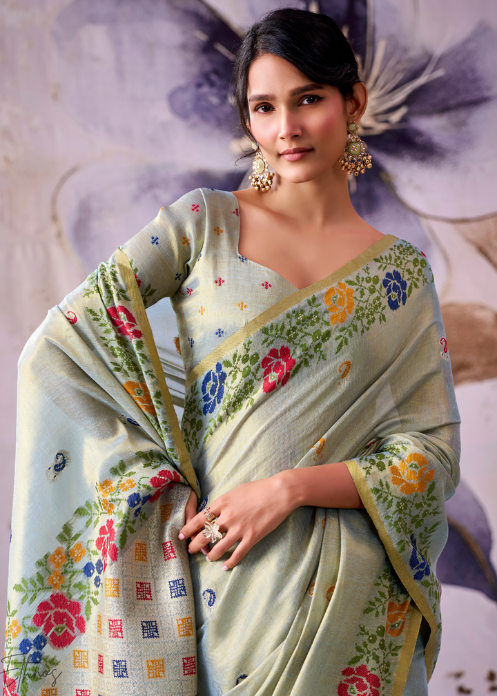 Seafoam Grey Floral-Patola Pallu Tissue Silk Saree