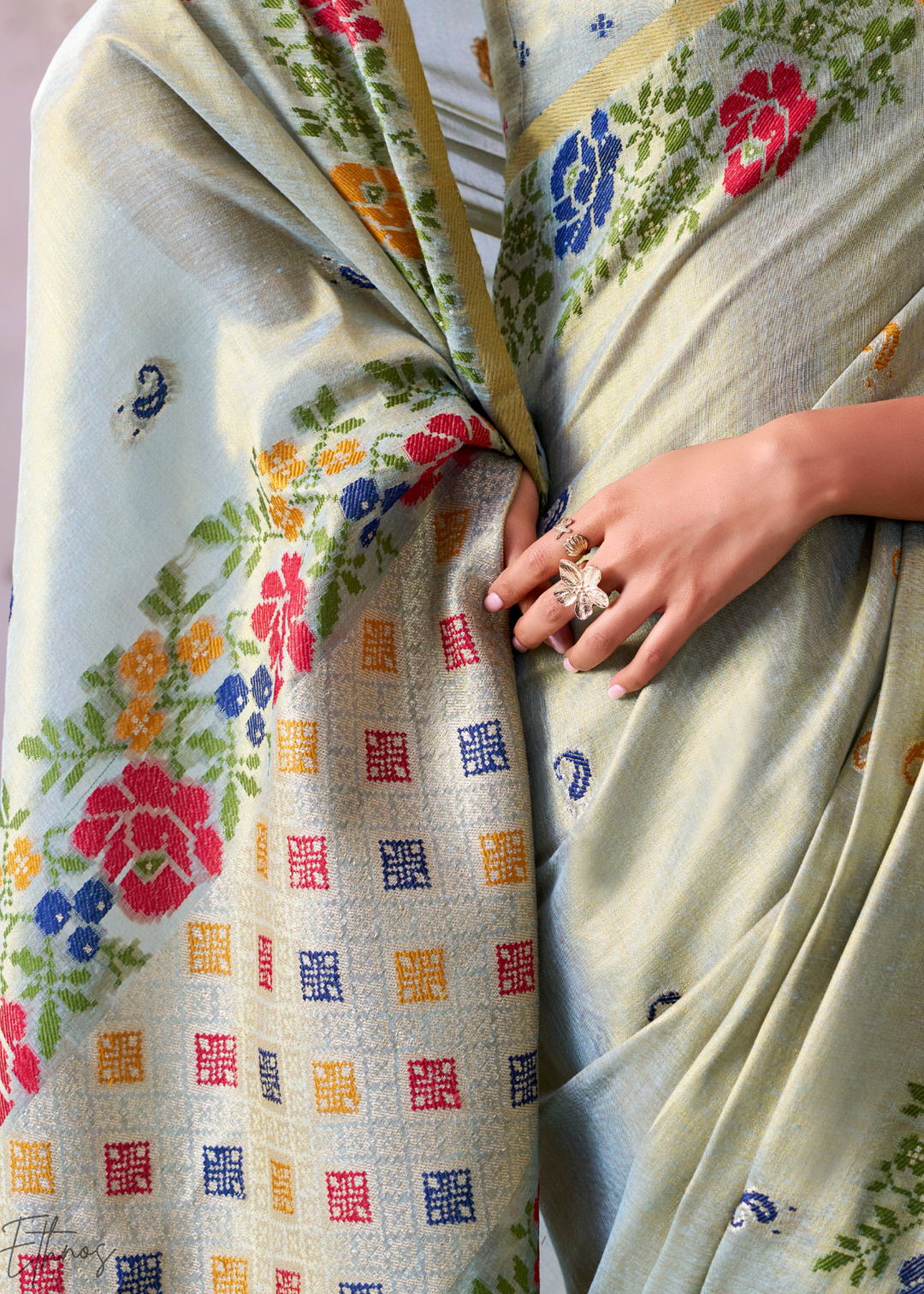 Seafoam Grey Floral-Patola Pallu Tissue Silk Saree