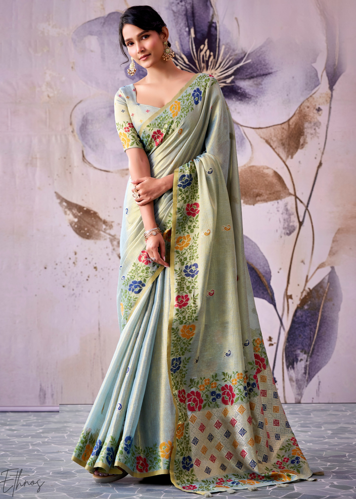 Seafoam Grey Floral-Patola Pallu Tissue Silk Saree