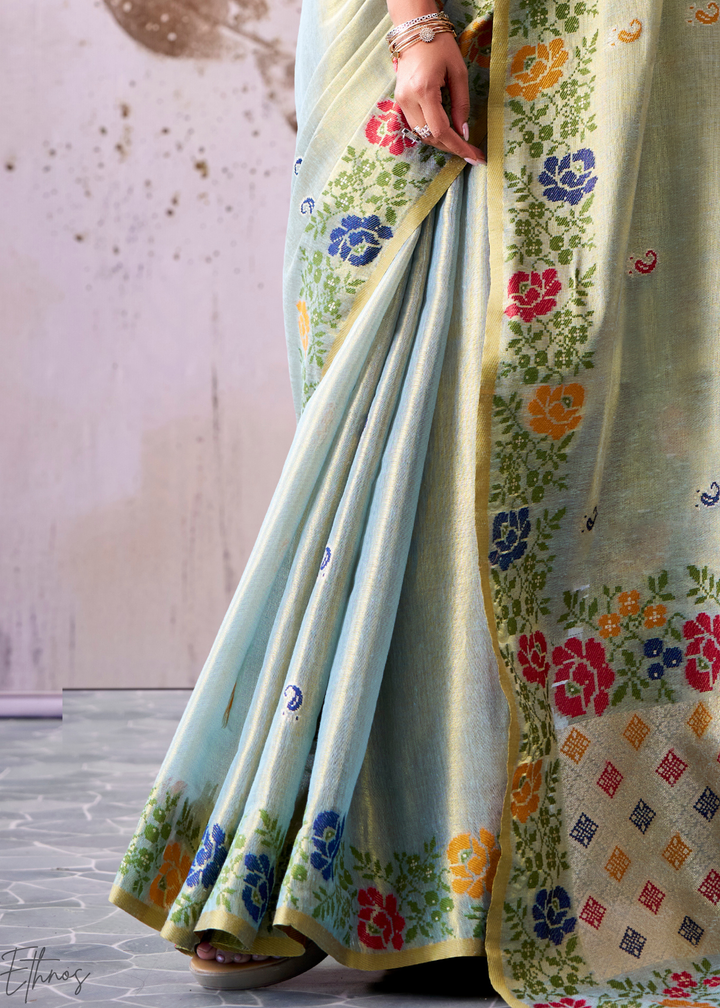 Seafoam Grey Floral-Patola Pallu Tissue Silk Saree