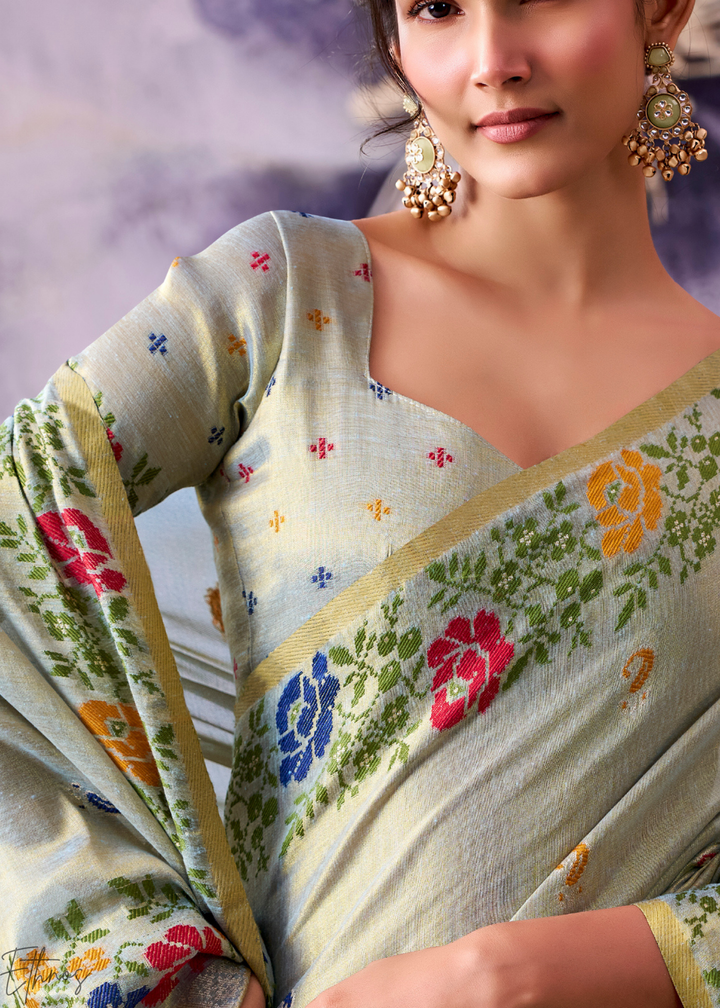 Seafoam Grey Floral-Patola Pallu Tissue Silk Saree