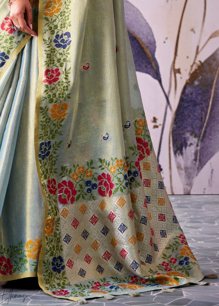 Seafoam Grey Floral-Patola Pallu Tissue Silk Saree