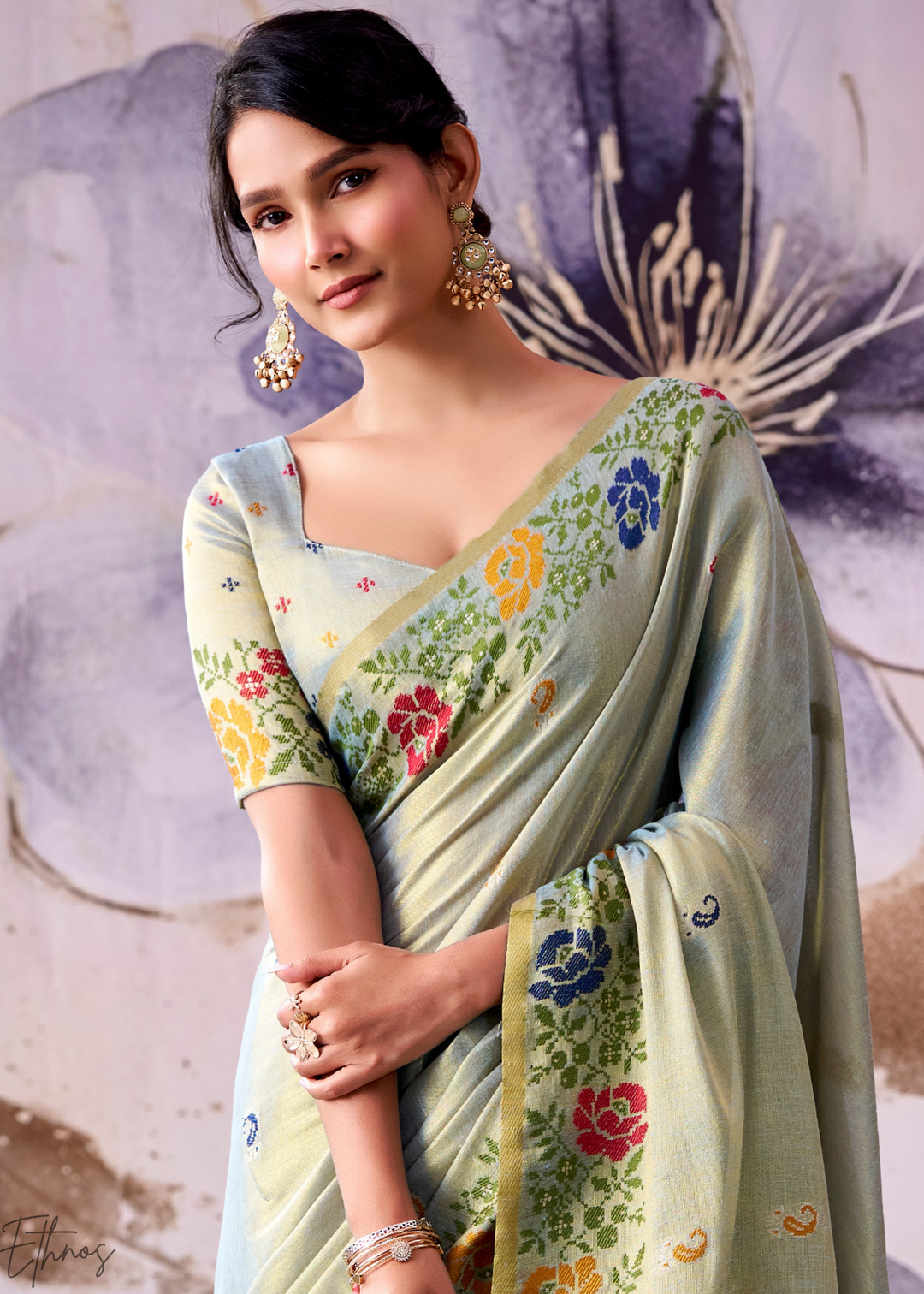 Seafoam Grey Floral-Patola Pallu Tissue Silk Saree