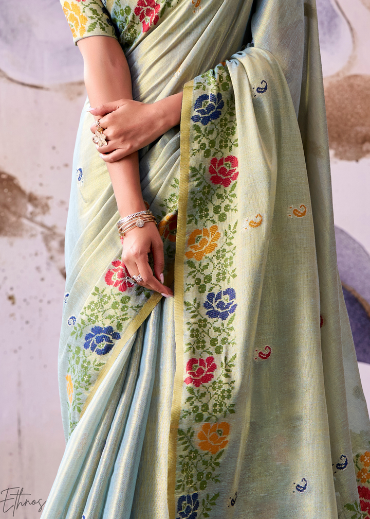 Seafoam Grey Floral-Patola Pallu Tissue Silk Saree