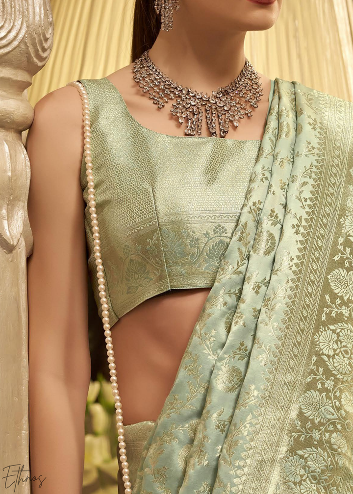 Seafoam Lily Iridescent Metallic Woven Satin Silk Saree
