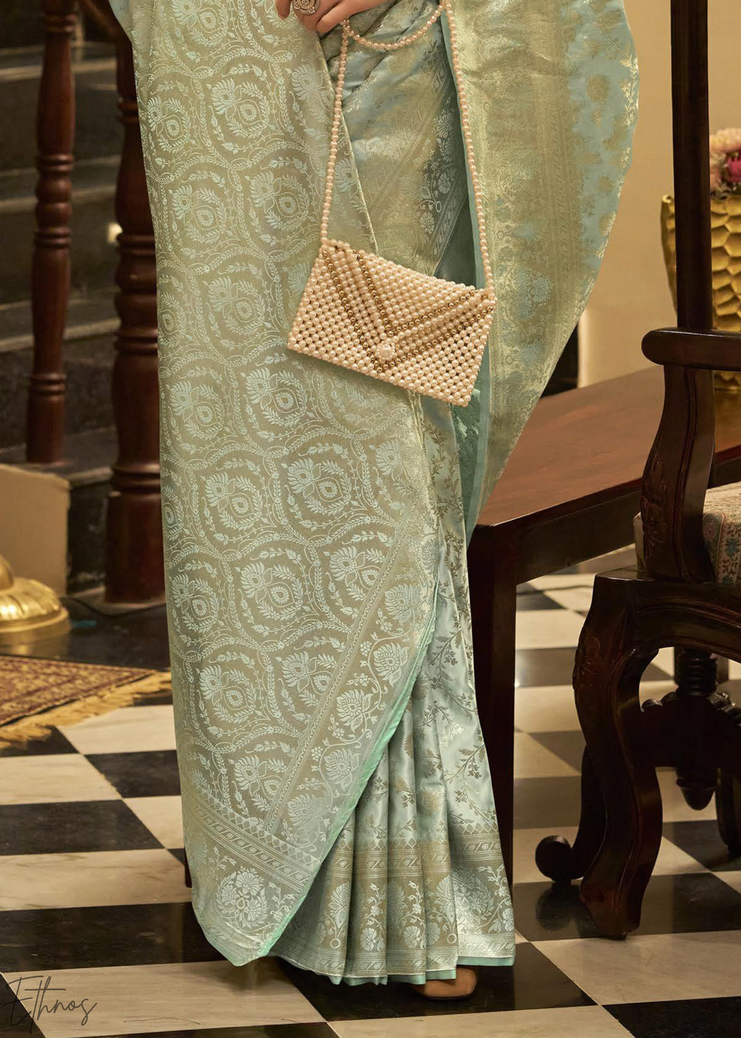 Seafoam Lily Iridescent Metallic Woven Satin Silk Saree