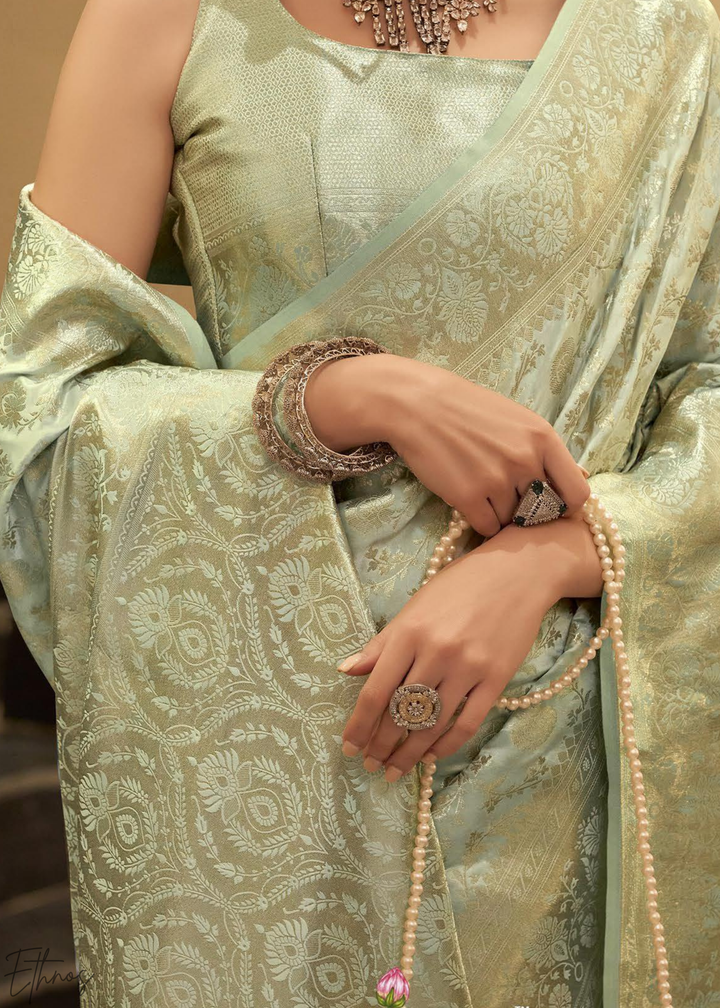 Seafoam Lily Iridescent Metallic Woven Satin Silk Saree