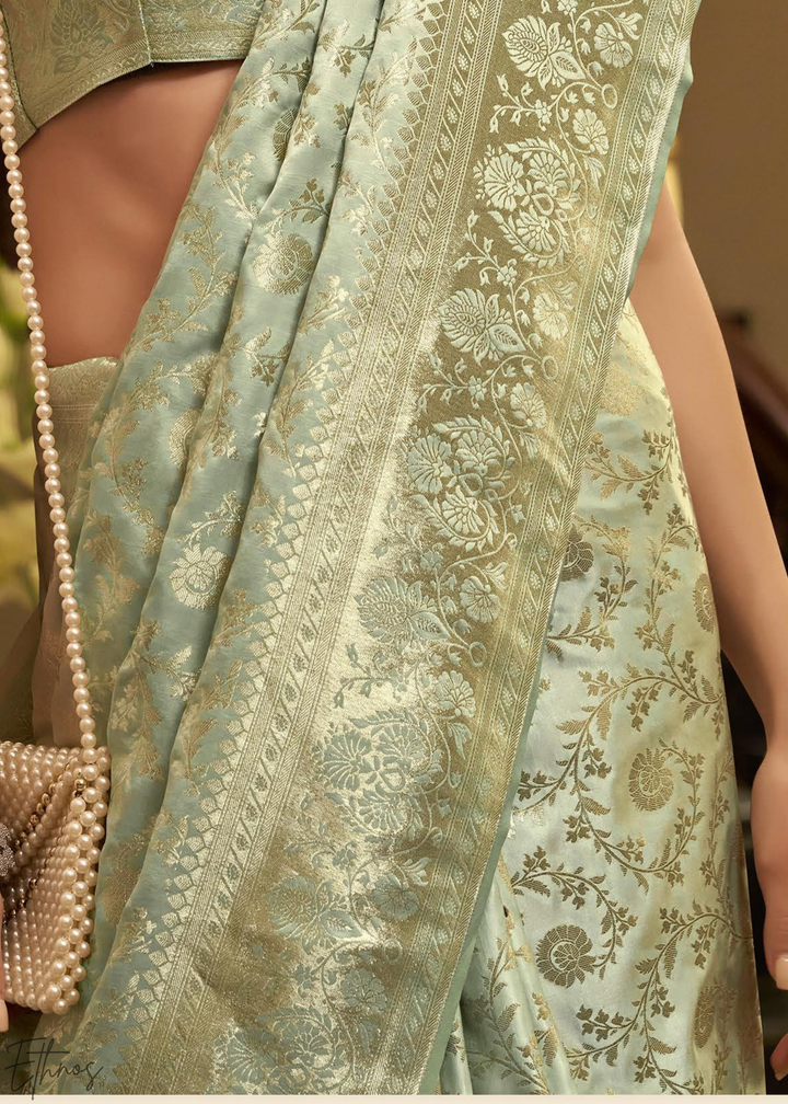 Seafoam Lily Iridescent Metallic Woven Satin Silk Saree