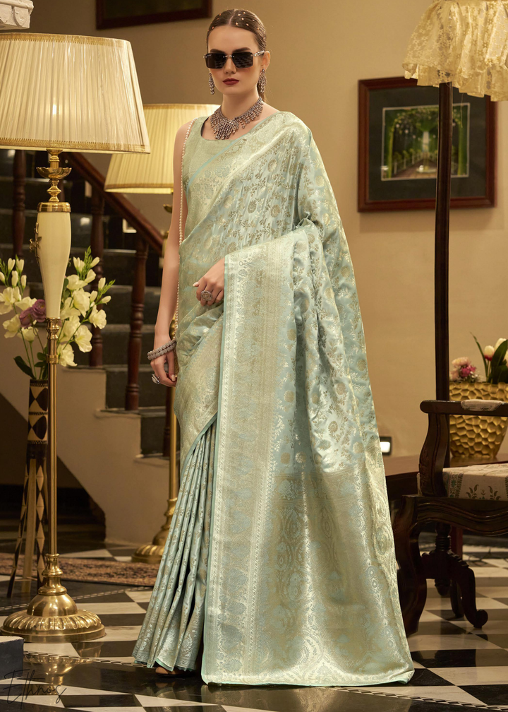 Seafoam Lily Iridescent Metallic Woven Satin Silk Saree