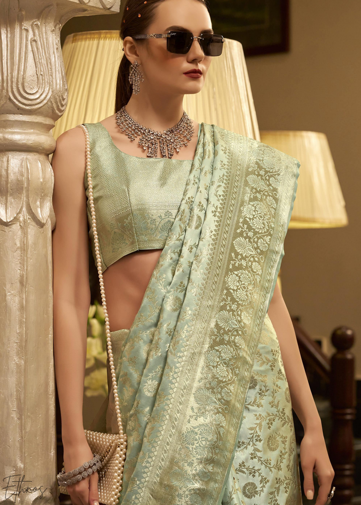 Seafoam Lily Iridescent Metallic Woven Satin Silk Saree