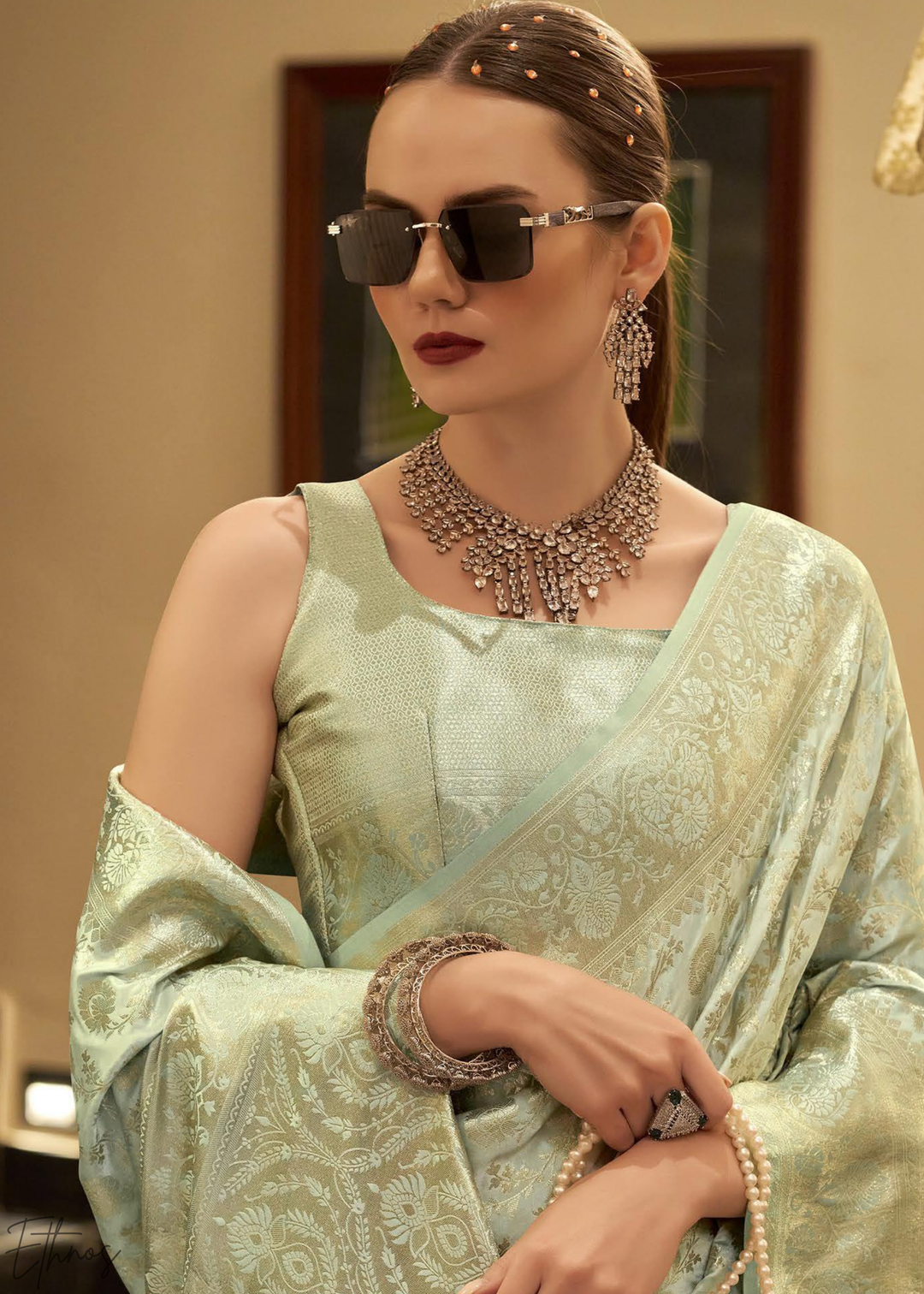 Seafoam Lily Iridescent Metallic Woven Satin Silk Saree