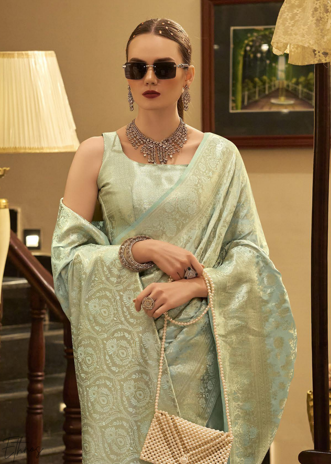 Seafoam Lily Iridescent Metallic Woven Satin Silk Saree
