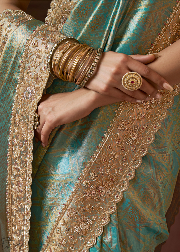 Seafoam Mint Artisanal Scallop Cutbead Border Kanjivaram Silk Saree