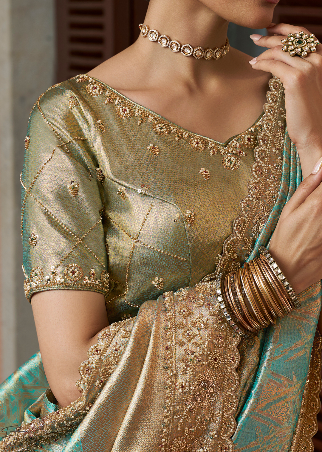 Seafoam Mint Artisanal Scallop Cutbead Border Kanjivaram Silk Saree