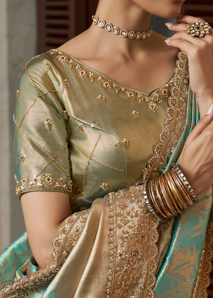 Seafoam Mint Artisanal Scallop Cutbead Border Kanjivaram Silk Saree